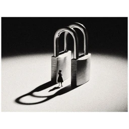 A miniature woman stands before two massive silver padlocks casting long shadows on a textured grey background.