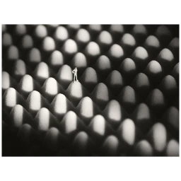 A tiny miniature figure stands atop a peak of an acoustic foam panel in dramatic black and white photography.