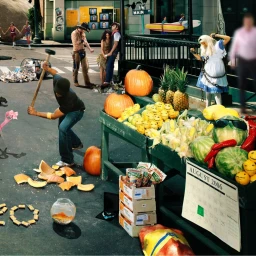 A man in a dark shirt and jeans smashes a pumpkin on the street near a fruit stand stocked with watermelons, pineapples, and pumpkins.