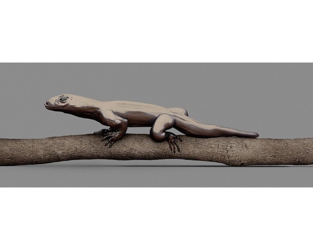 A metallic Komodo dragon figure sits atop a weathered tree branch against a solid gray backdrop, highlighting its intricate design.