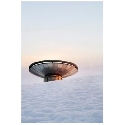 A metallic disc-like structure emerging from a snow-covered landscape beneath a pale sky.