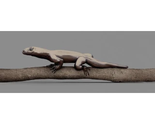 A metallic lizard creature rests on a horizontal tree branch against a plain grey backdrop.