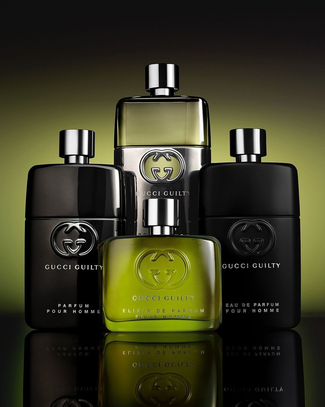 Gucci Guilty fragrance collection for men featuring various bottles in black, silver, and green, displayed against a gradient background.