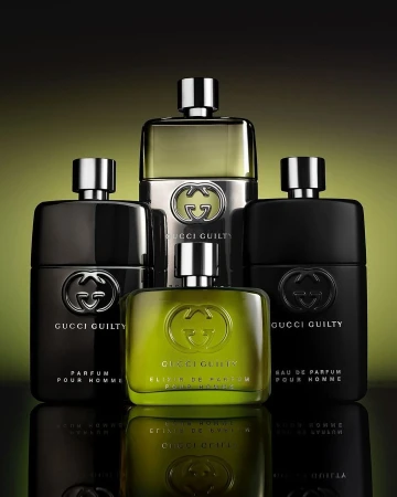 Gucci Guilty fragrance collection for men featuring various bottles in black, silver, and green, displayed against a gradient background.