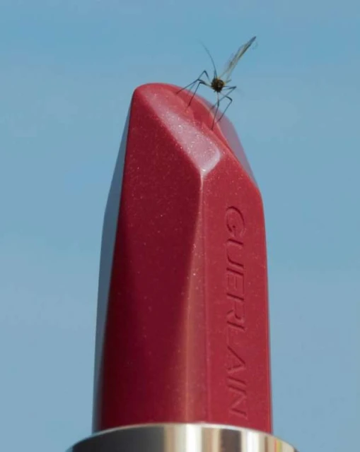 Close-up of a red lipstick tube with a small insect standing on the tip against a pale blue background; Guerlain logo is visible on the side.