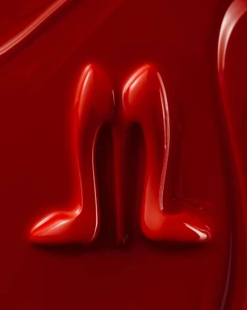 Abstract close-up of viscous, glossy texture of scarlet red liquid with an M-shaped impression, studio shot for beauty or food concept.