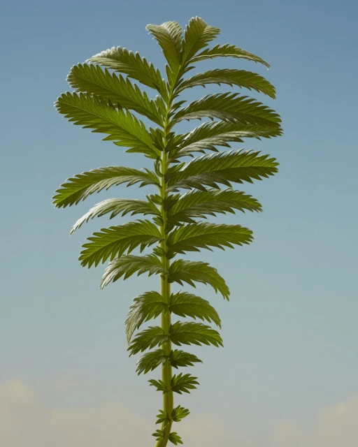 Close-up of a vibrant green aquatic plant against a soft, light blue background highlighting its intricate leaf structure.