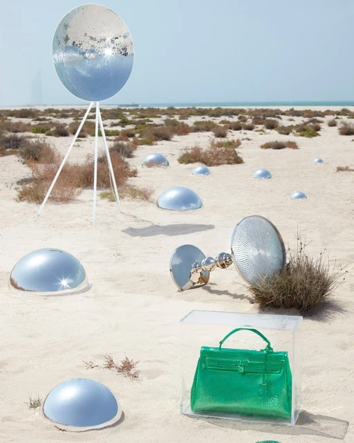 Fashion still life in a desert featuring a bright green handbag in a clear acrylic box, set among reflective dome objects and tripods.