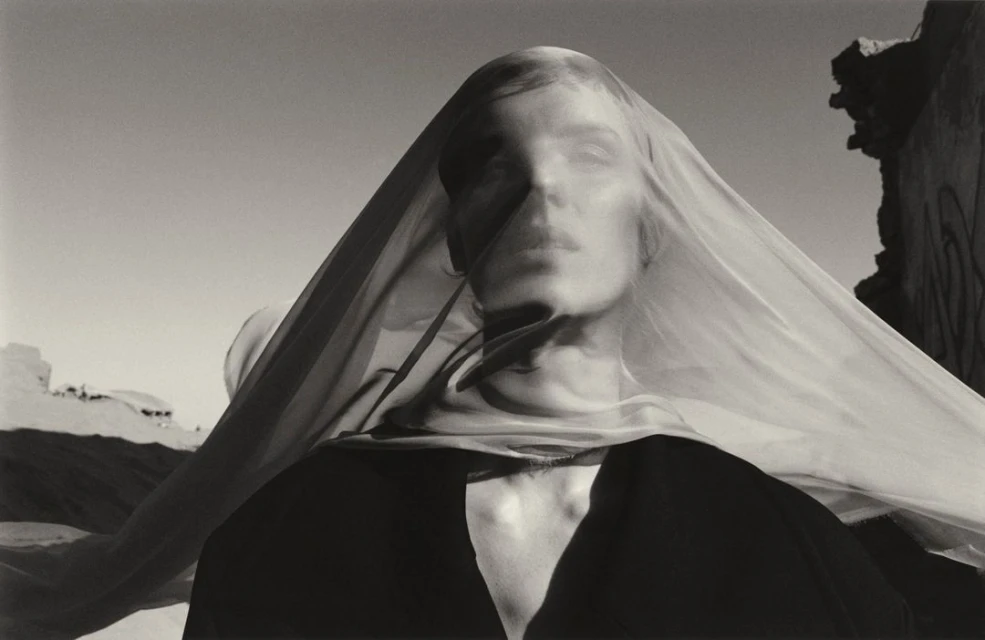 Monochrome portrait of a woman with a sheer veil against a backdrop of a stark sky and ruined landscape, creating an ethereal aesthetic.