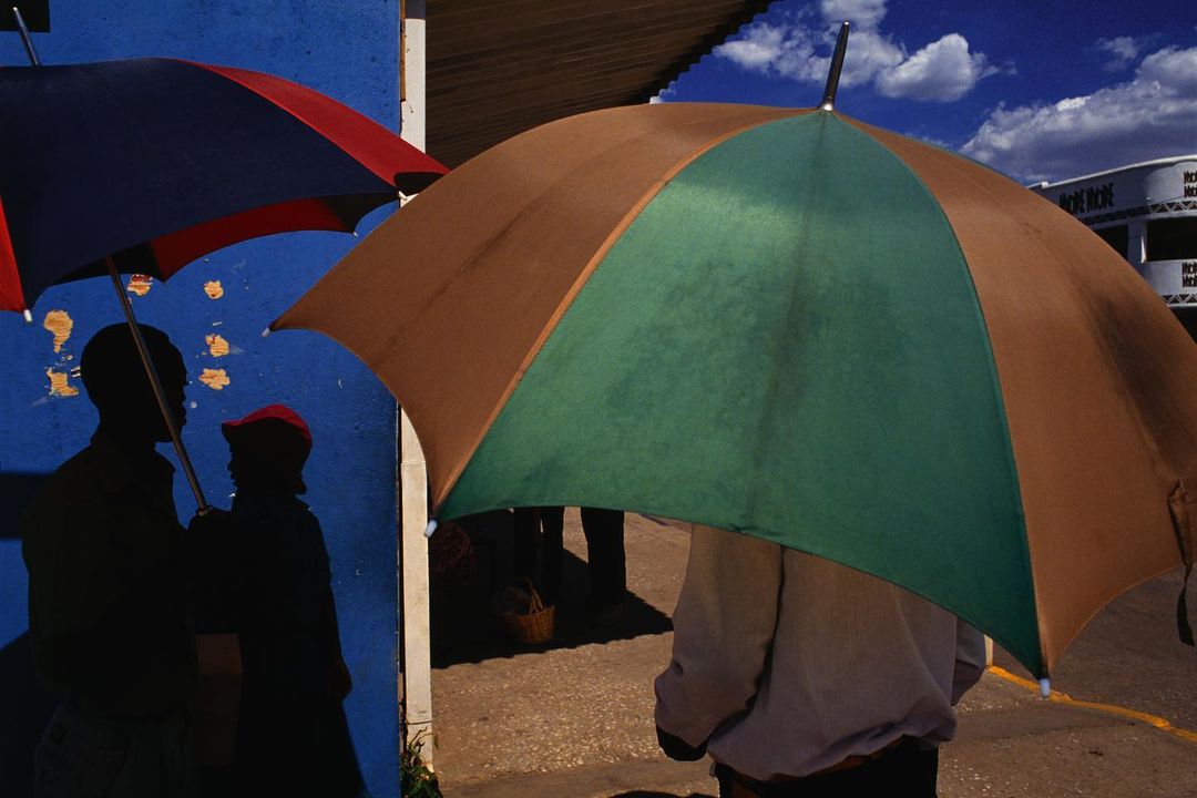 Silhouetted figures holding a blue and red umbrella alongside a person holding a large brown and green umbrella outdoors