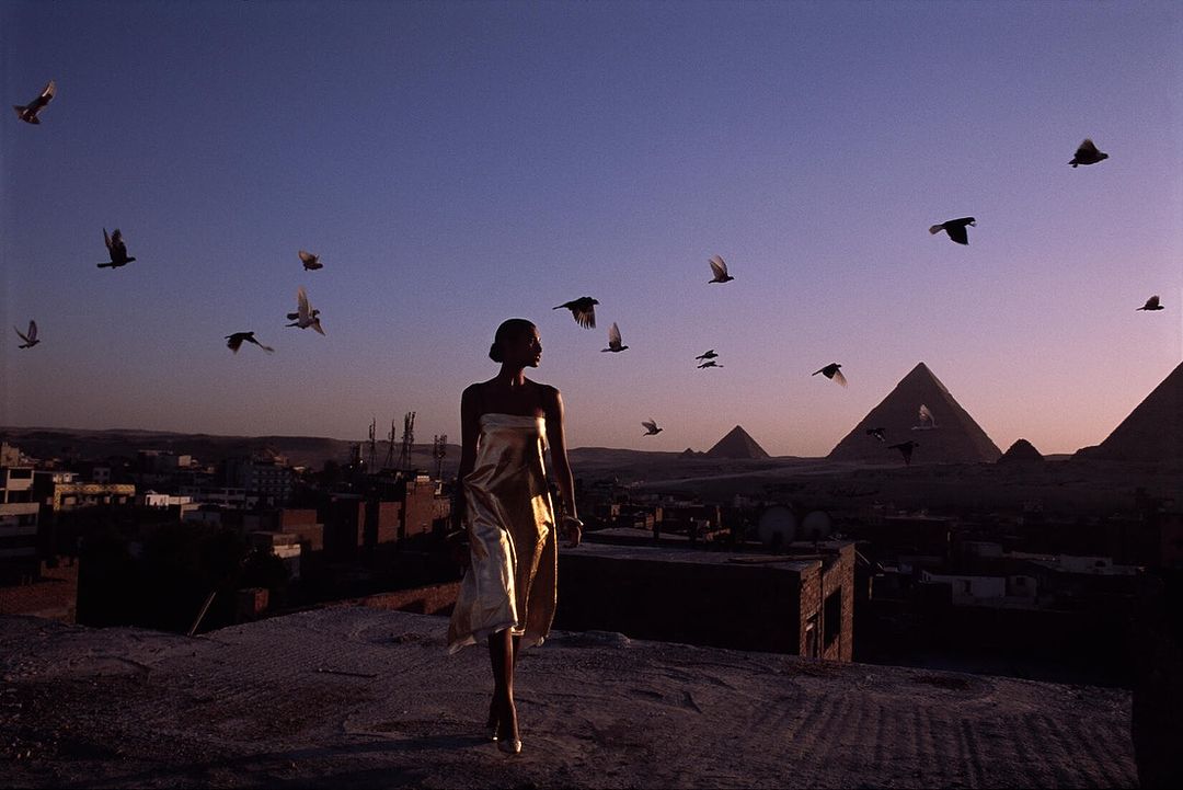 Woman in gold dress walks on a rooftop at dusk with birds flying as the Great Pyramids of Giza stand in the background.