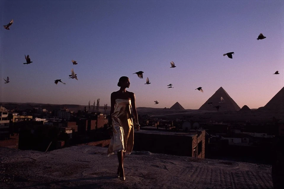 Woman in gold dress walks on a rooftop at dusk with birds flying as the Great Pyramids of Giza stand in the background.