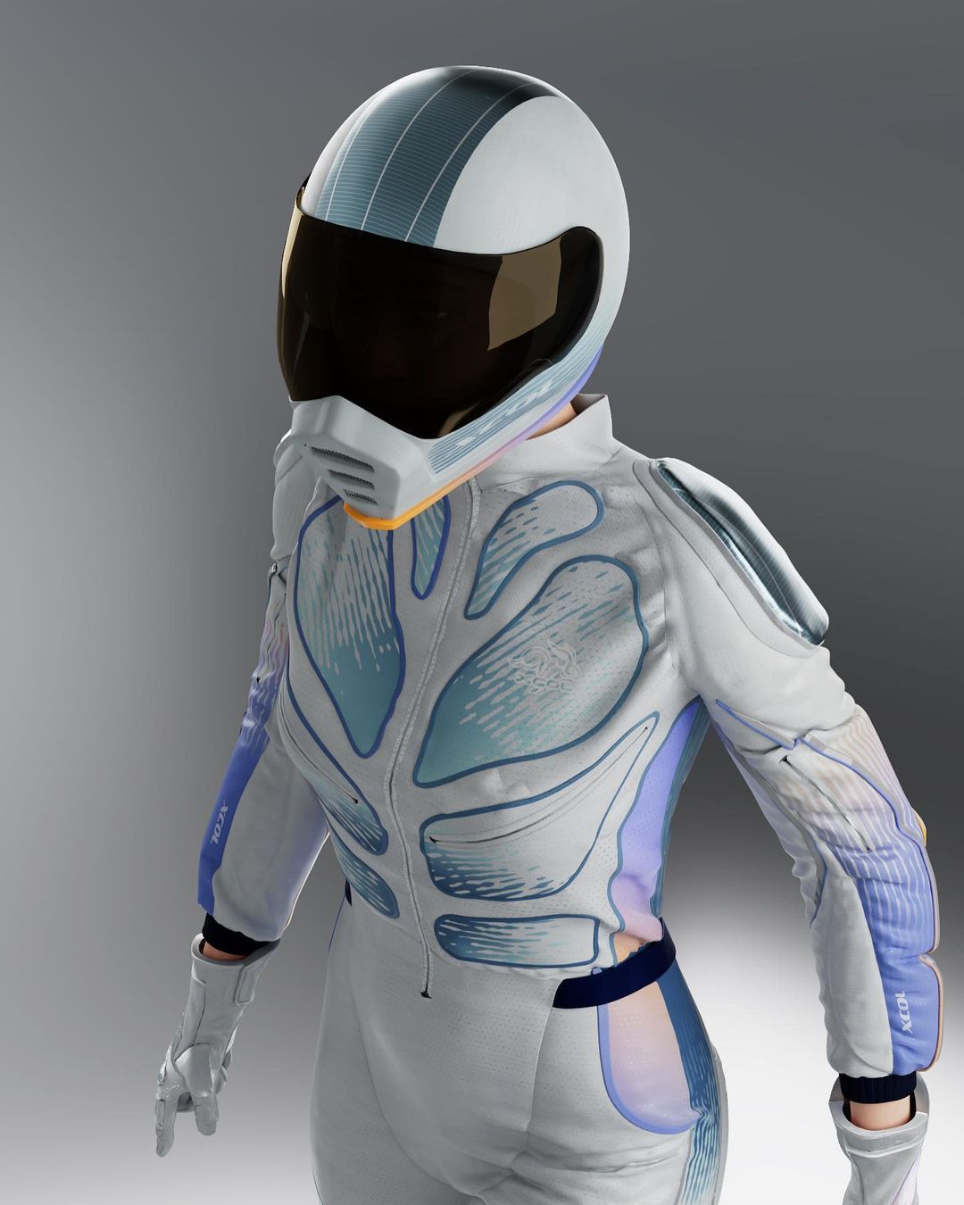 Person in a futuristic white racing suit with blue accents and a helmet with a dark visor posing in a grey studio.