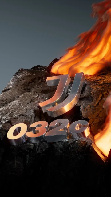 Text with a metallic finish on a stone surface with fire emanating from behind, set against a grey backdrop.