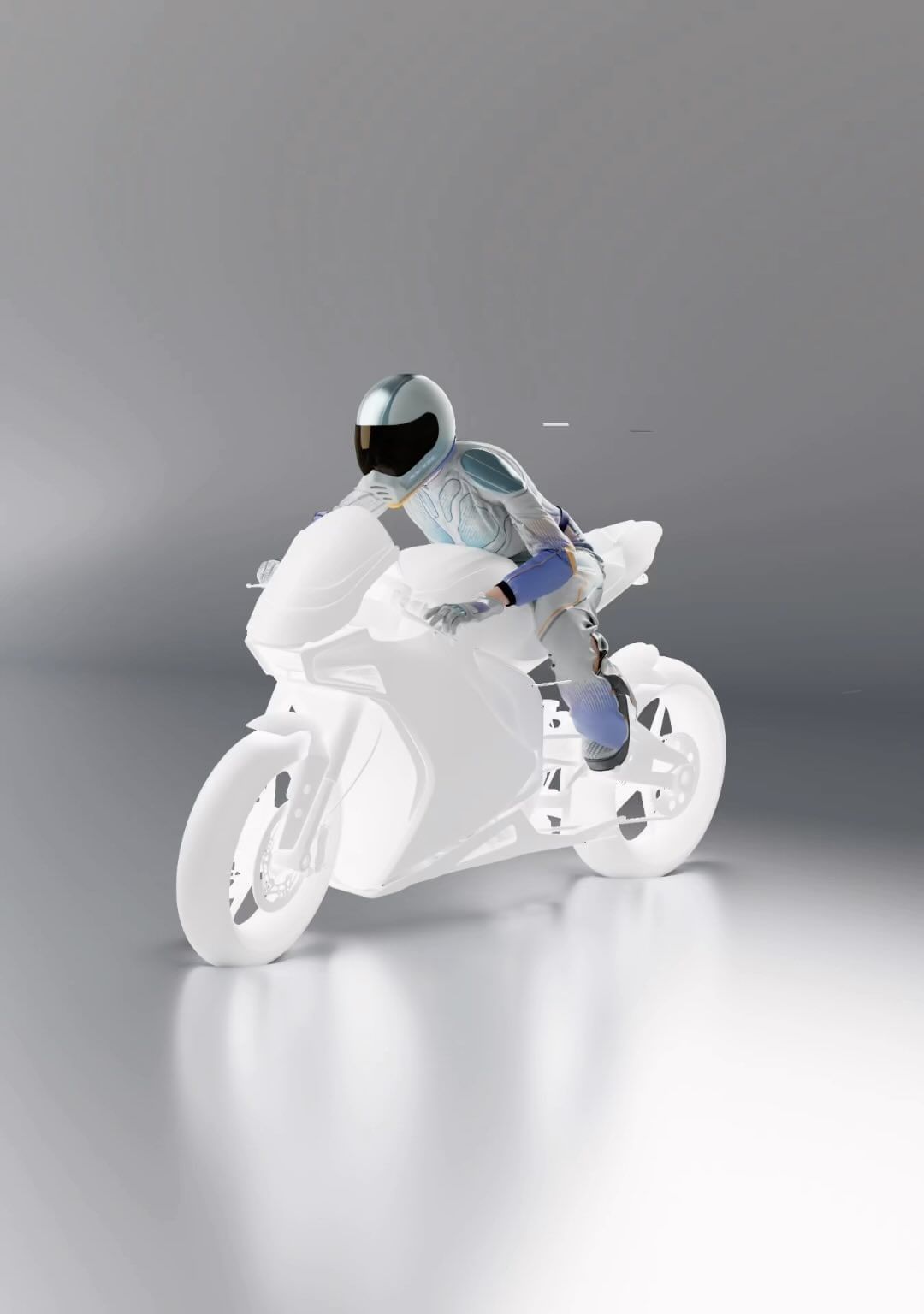 Person in racing suit and helmet riding a motorcycle with CGI and visual effects on a grey background, studio lighting and smooth texture.