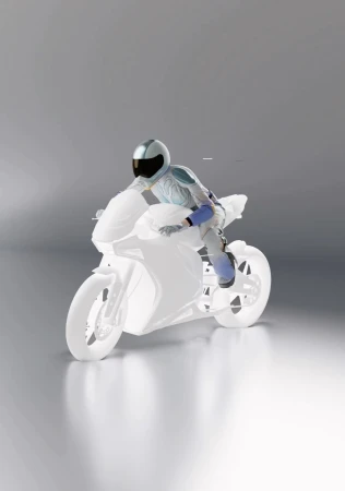 Person in racing suit and helmet riding a motorcycle with CGI and visual effects on a grey background, studio lighting and smooth texture.