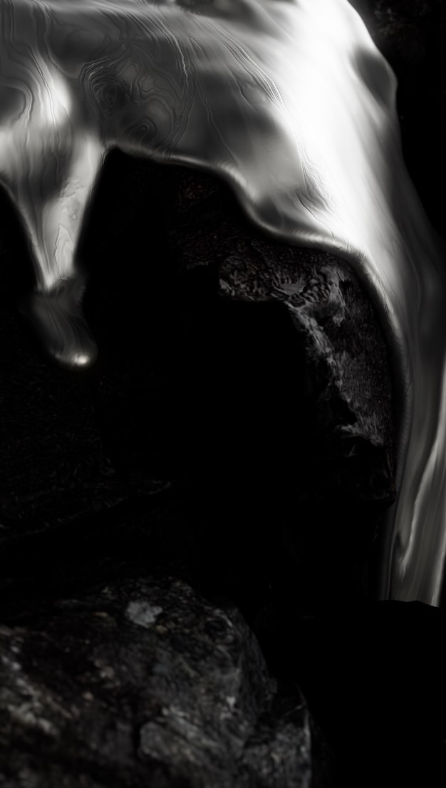 Abstract close-up of textured, rippled rock formation with silver and grey tones against a contrasting black background.