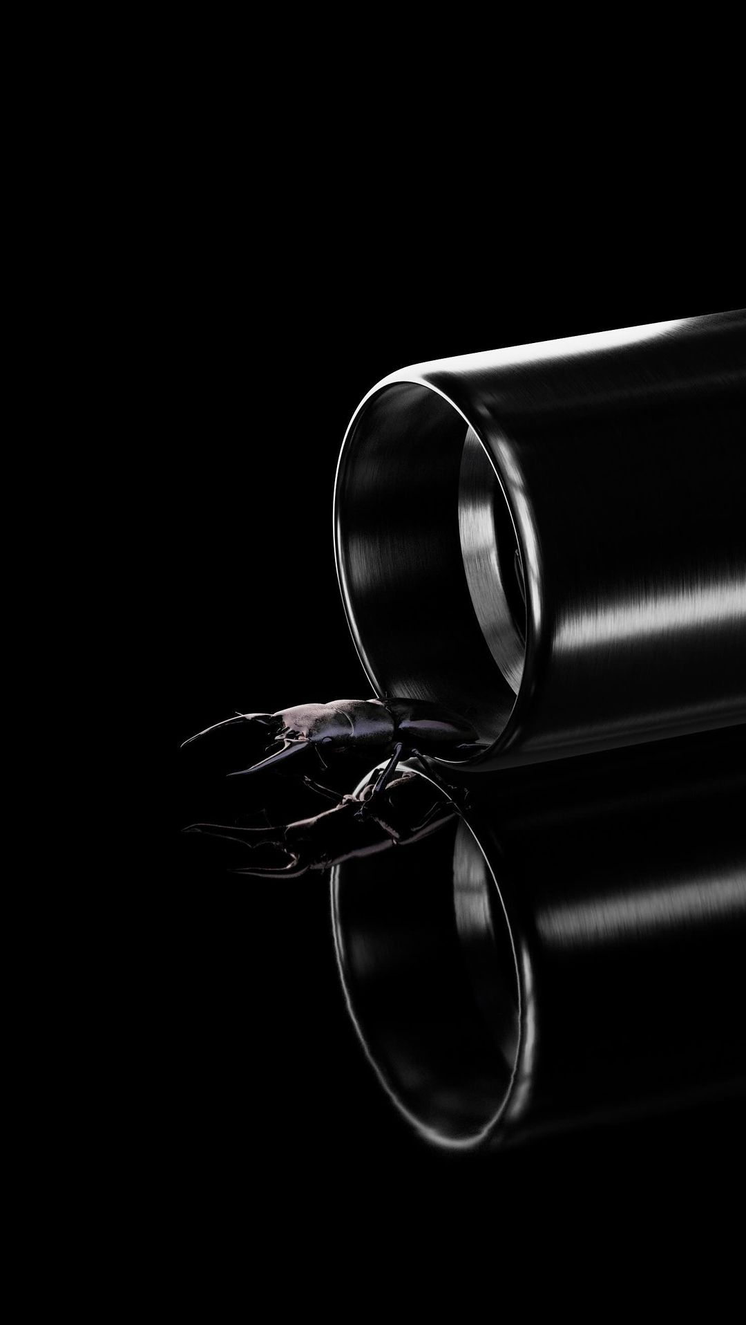 Dark, sleek cylinder reflecting on a glossy black surface, casting a mysterious ambiance with a studio lighting setup.