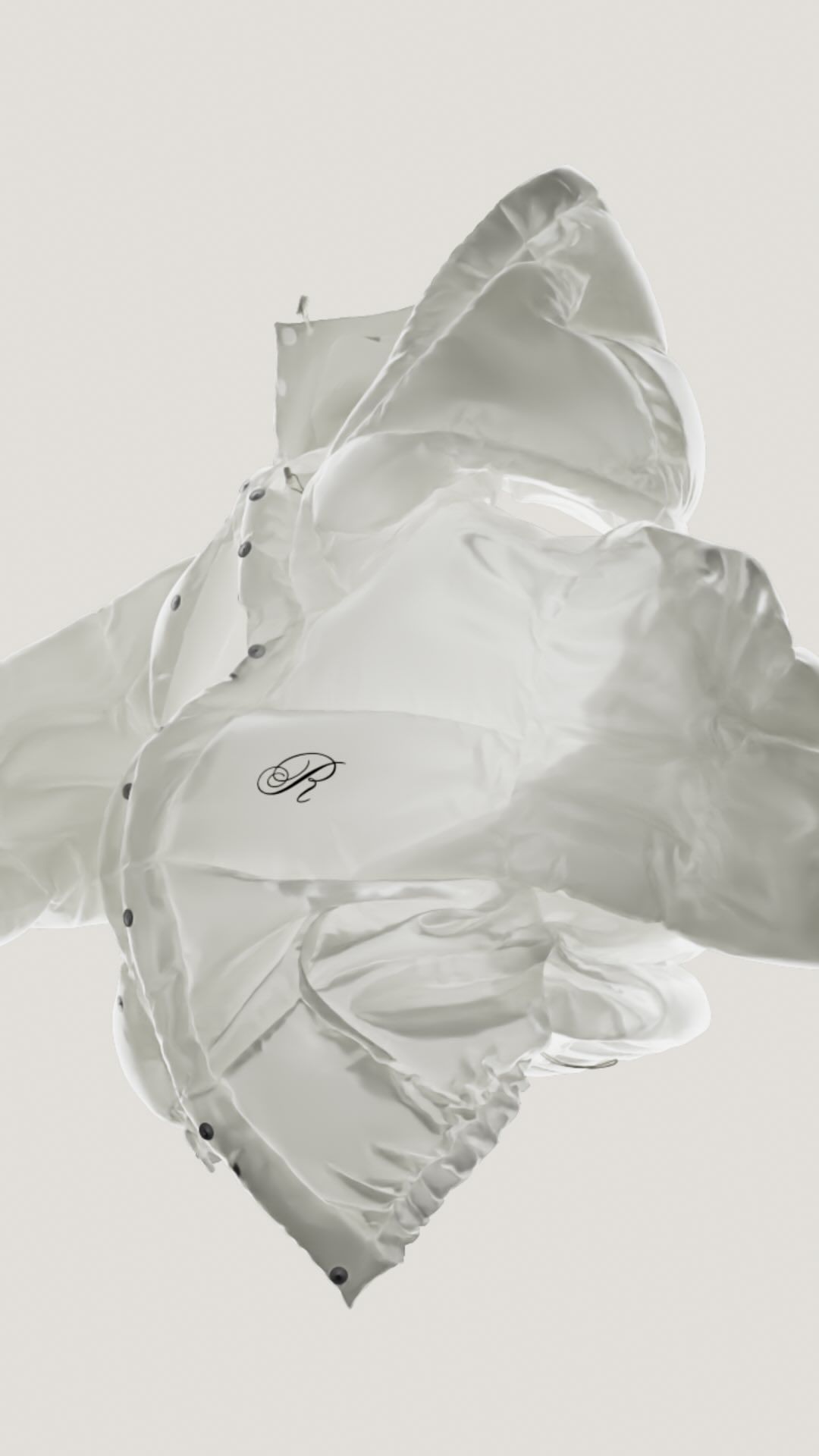 Floating, translucent white puffer jacket against an off-white background in a vertical studio shot. Fashion and clothing concept.