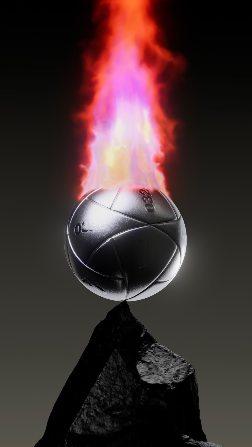 Silver volleyball on a dark rocky surface with animated fire emanating from it, set against a dark, neutral-toned gradient background.