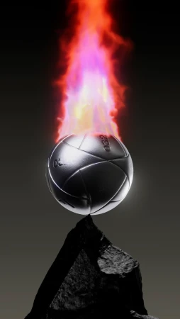 Silver volleyball on a dark rocky surface with animated fire emanating from it, set against a dark, neutral-toned gradient background.
