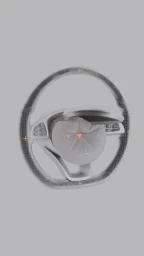 Monochrome automotive interior render of a steering wheel with an inflated airbag and alignment crosshairs in Paris by Vinzent Britz.