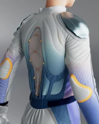 Close-up rear view of a person wearing a futuristic white and blue padded suit with protective shoulder and elbow guards.