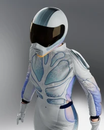 Person wearing a white and blue racing suit and matching helmet with a tinted visor against a plain gradient background.