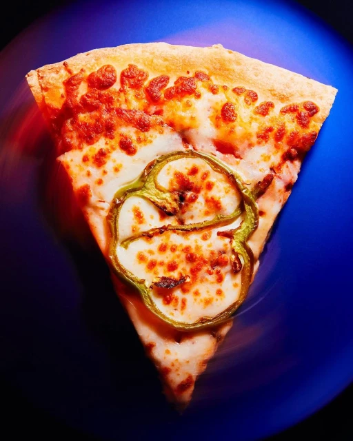 Overhead shot of a pizza slice on a blue plate with toppings like cheese and a green pepper ring, creating an appetizing food image.