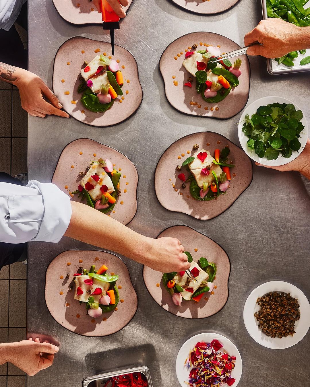 Overhead view of chef plating fresh fish dishes with vegetables and edible flowers on a stainless steel kitchen counter.