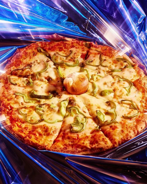 Overhead shot of a sliced pizza with green peppers and a bread roll in the center, resting on a metallic blue reflective surface.