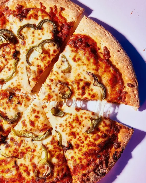 Overhead shot of a sliced pizza featuring melted cheese, tomato sauce, and green bell peppers on a light purple surface, food photography.