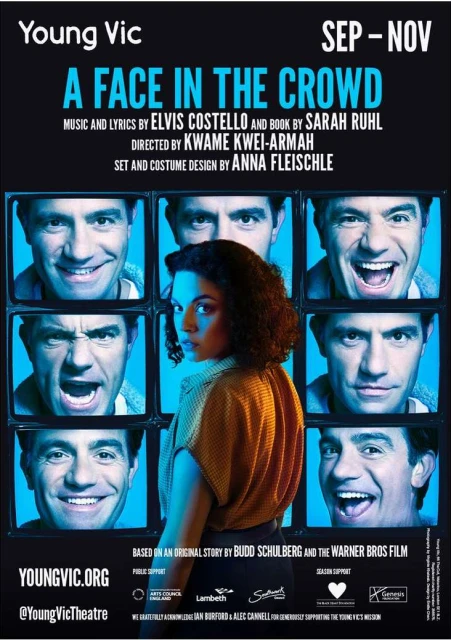 A theater poster for 'A Face in the Crowd' featuring a woman in front of television screens displaying men's faces. Dark blue background.