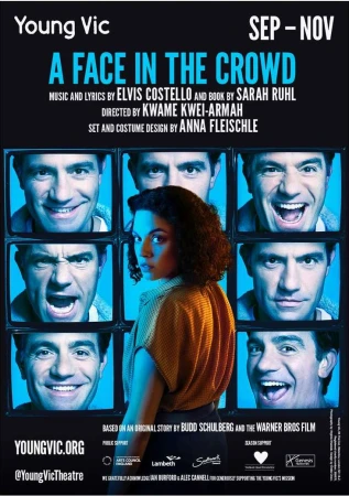 A theater poster for 'A Face in the Crowd' featuring a woman in front of television screens displaying men's faces. Dark blue background.
