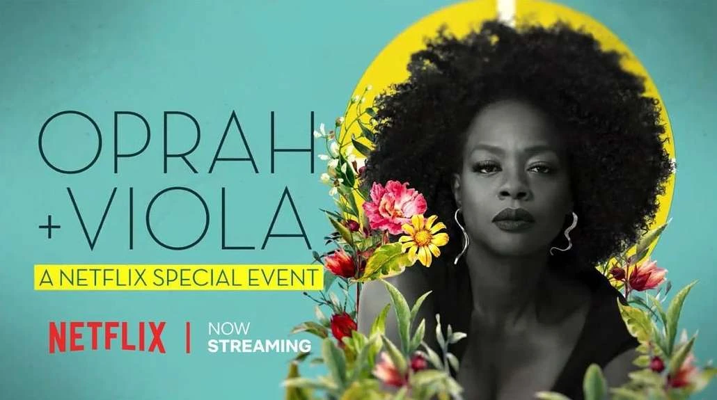 Promotional poster featuring Viola Davis, with flowers, against an aqua and yellow background for "A Netflix Special Event."