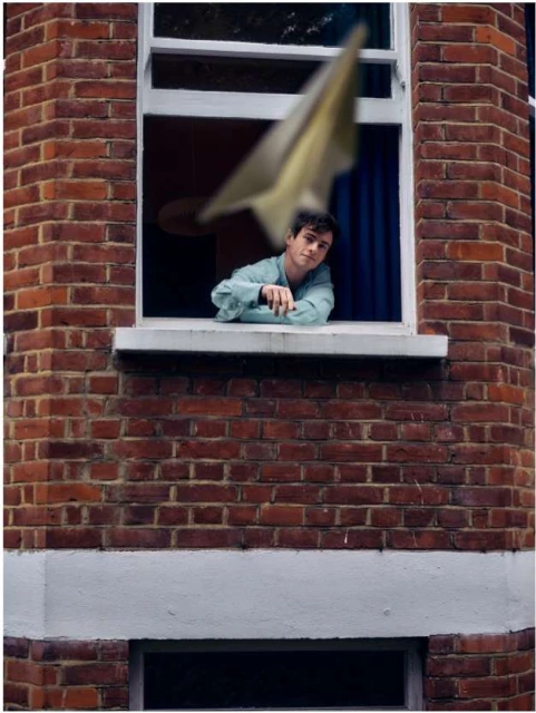 Young man in a light blue shirt leans out of a red brick window. A blurry, abstract sculpture is also visible through the window.