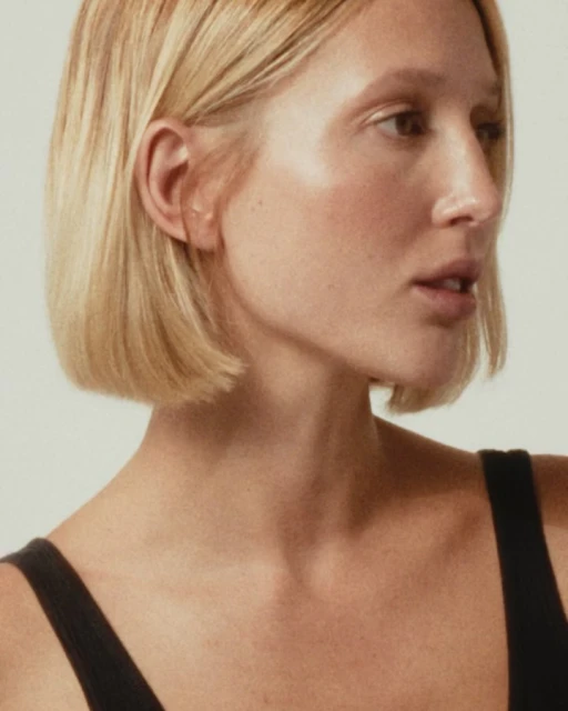 Blonde woman with short hair in close-up studio shot. Beauty portrait highlights fair skin, symmetrical face, and natural makeup look.