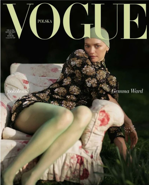 Vogue Polska cover featuring Gemma Ward in a black and gold dress, seated on a floral couch in a garden setting, with a vintage aesthetic.