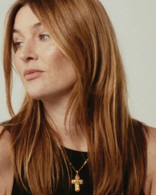 Close-up portrait of a woman with long auburn hair wearing a black top and gold cross necklace against a neutral background.