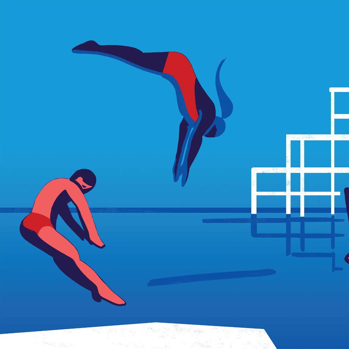 Illustration of two divers in mid-air against a blue backdrop, rendered in a bold, graphic style with geometric pool elements.