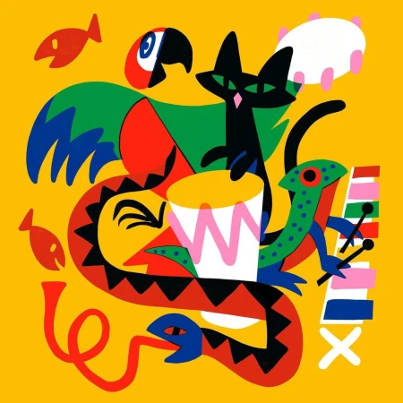 Colorful illustration of a cat, parrot, snake, lizard, fish, and musical instruments, set against a vivid yellow background.