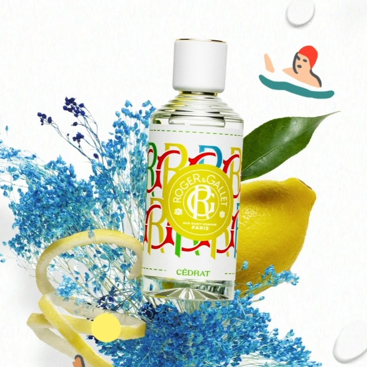 Roger & Gallet Cedrat fragrance bottle stands out against a backdrop of blue flowers, lemon, and a swimmer illustration on white.