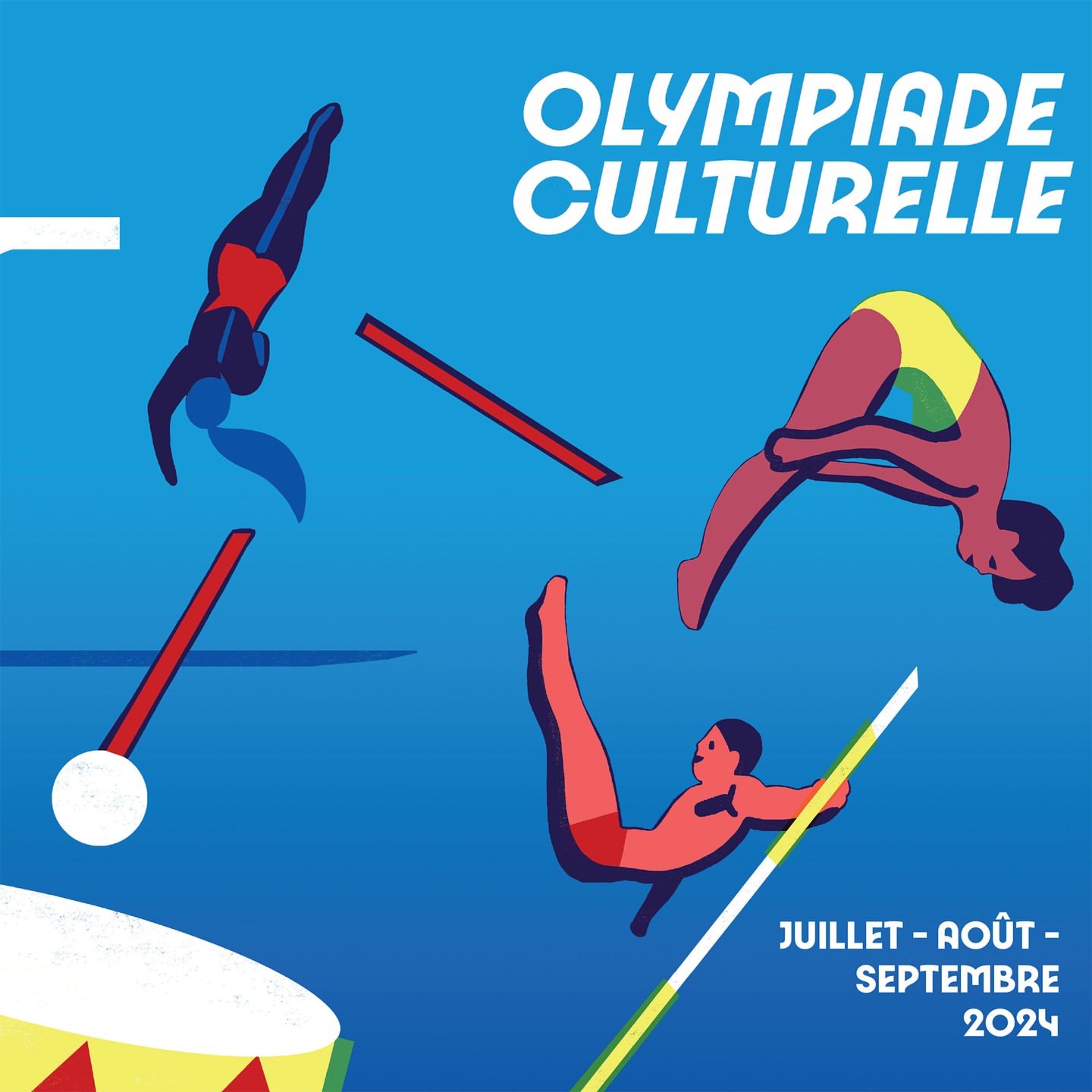 Abstract illustration featuring stylized athletes diving, against a blue background with text, for a cultural olympiad event.