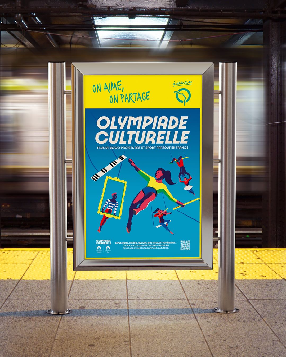 Illustrated advertisement in a subway station promoting the cultural olympiad with performers, bright colors, and yellow and blue background.