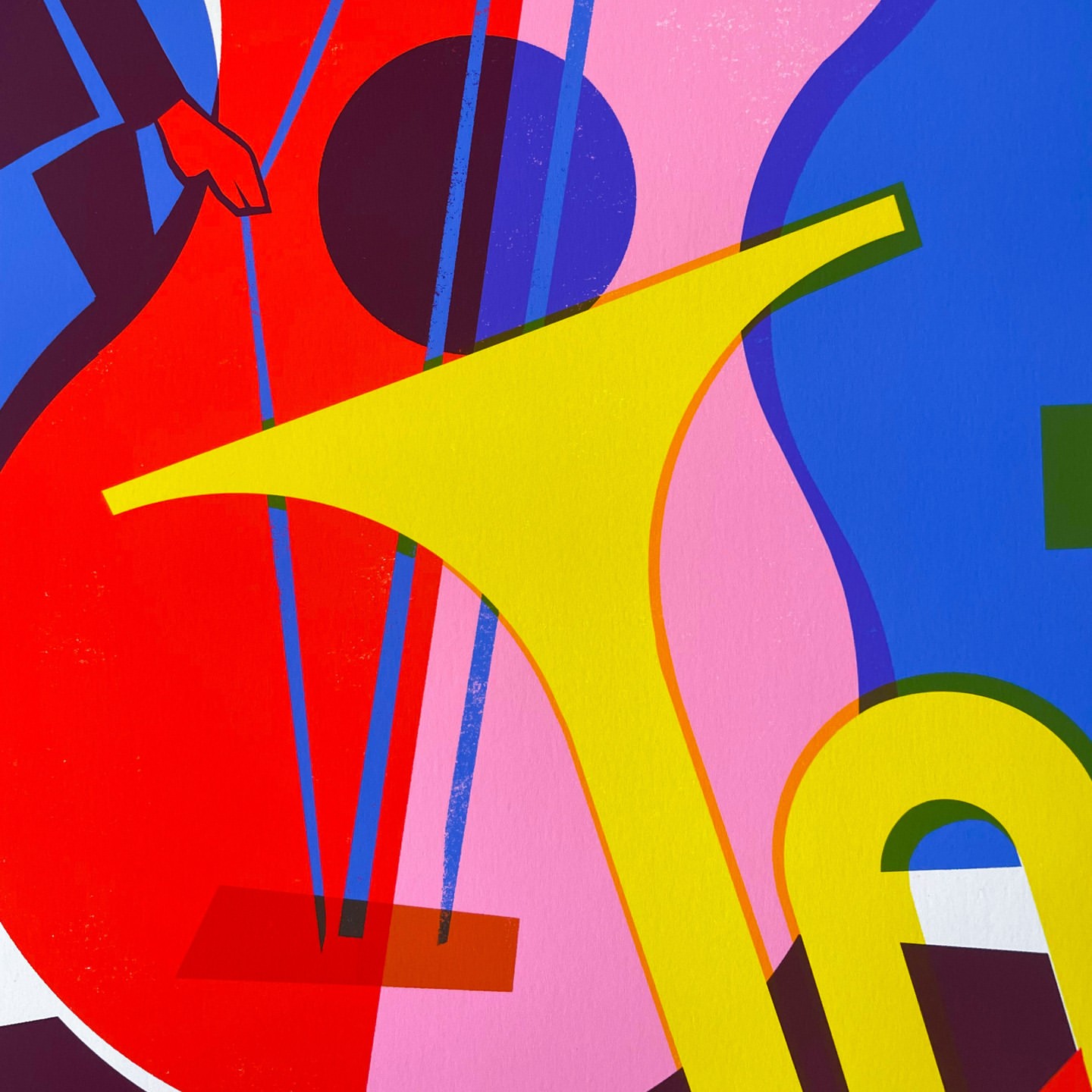 Colorful abstract painting of a trumpet and guitar in shades of yellow, red, pink, blue, and black against a flat, graphic background.