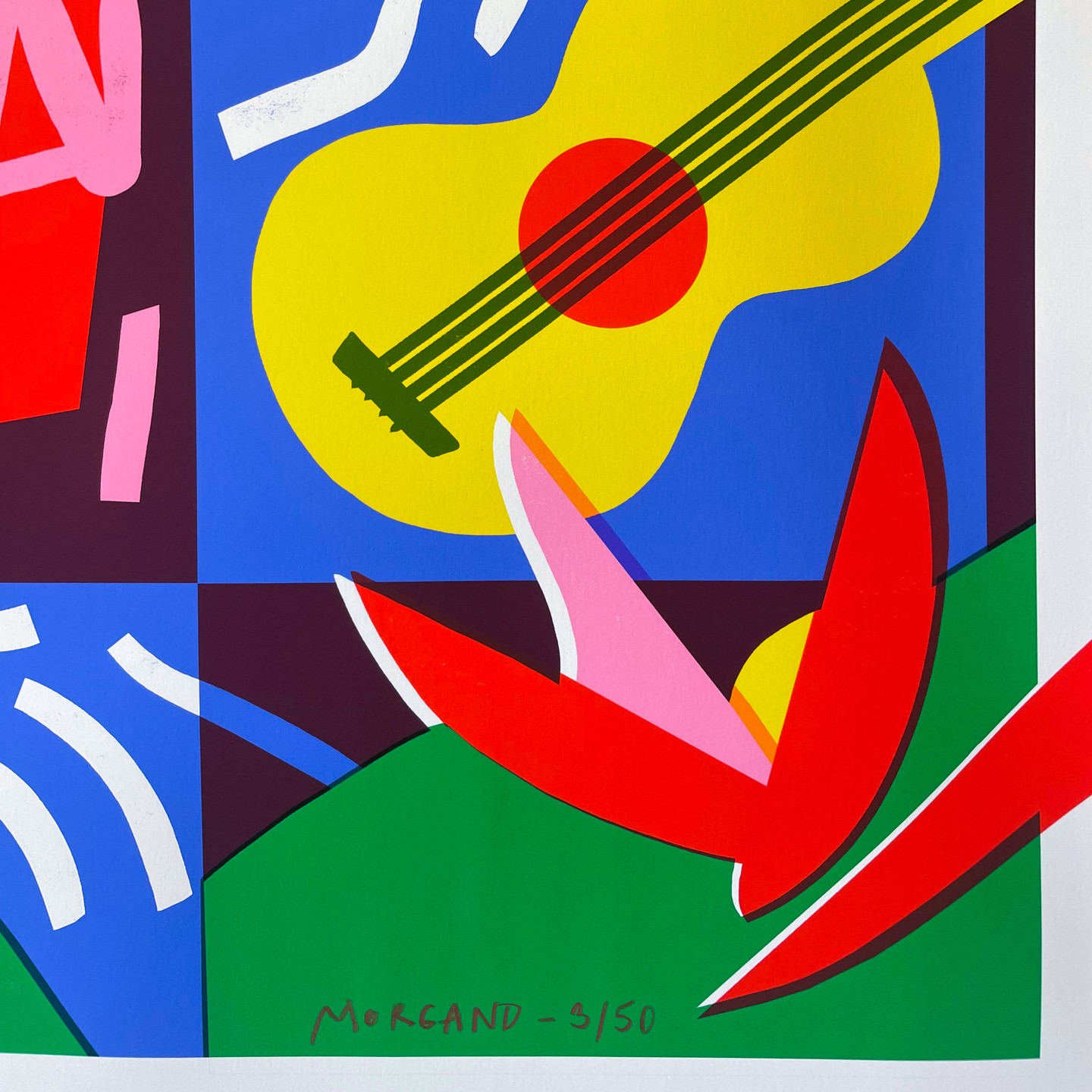 Colorful art print features a yellow guitar on blue, with red flowers, white accents, set against green in a geometric composition.