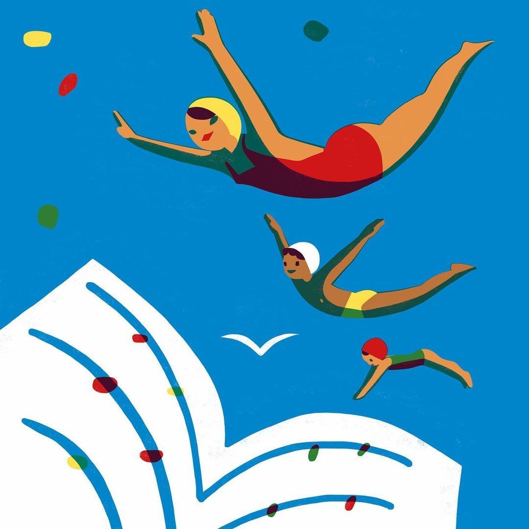 Illustration of swimmers with colorful swimsuits, caps diving into water, white waves in light-blue sky, playful, artistic.