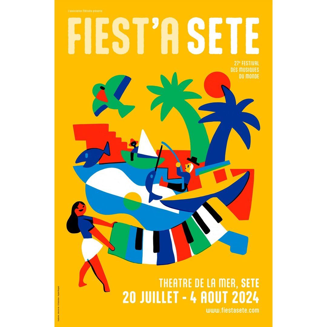 Colorful illustration for Fiest'a Sete music festival, featuring a woman, palm trees, a boat, and musical instruments against a yellow backdrop.