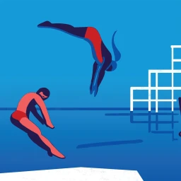 Illustrated graphic artwork by Virginie Morgand showing divers in mid-air against a vibrant blue pool background.