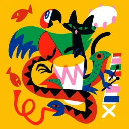 Vibrant digital illustration featuring a black cat, a green lizard, a red snake, and a drum against a yellow background.
